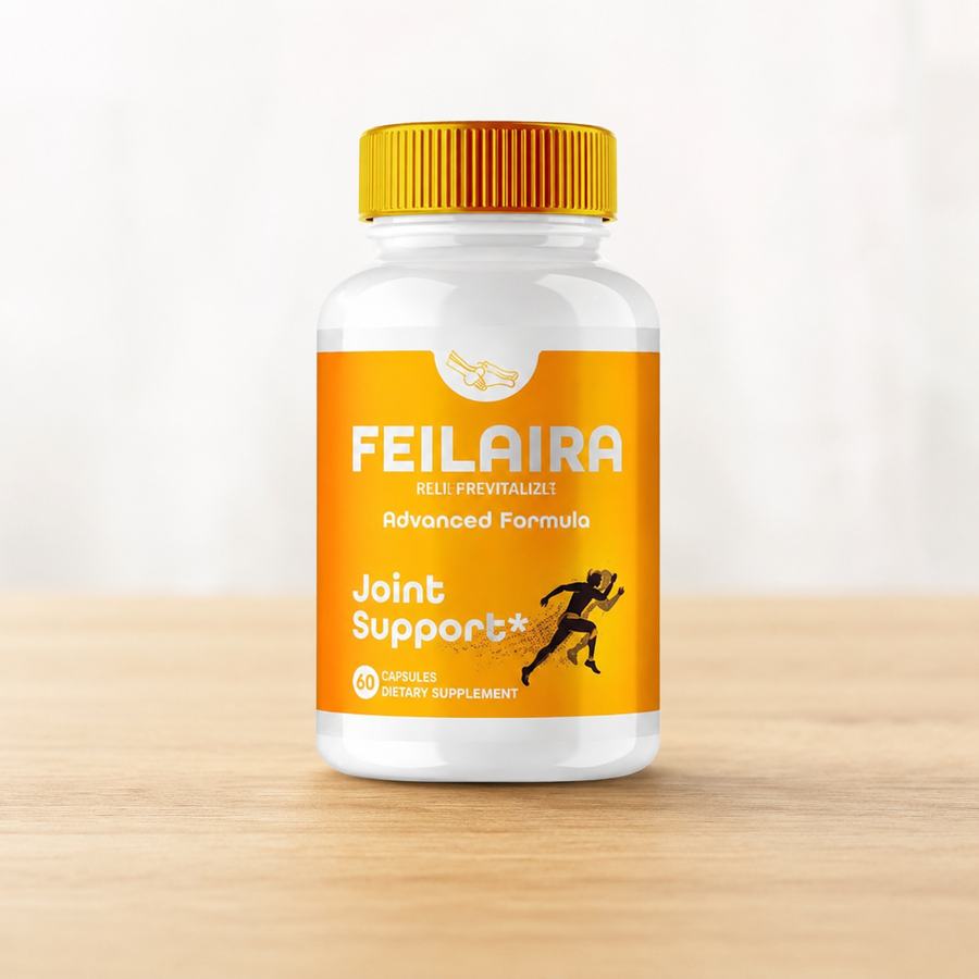 Feilaira joint health supplement bottles displayed on natural wood surface